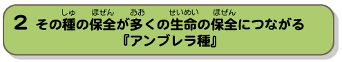 その種の保全が多くの生命の保全につながる『アンブレラ種』